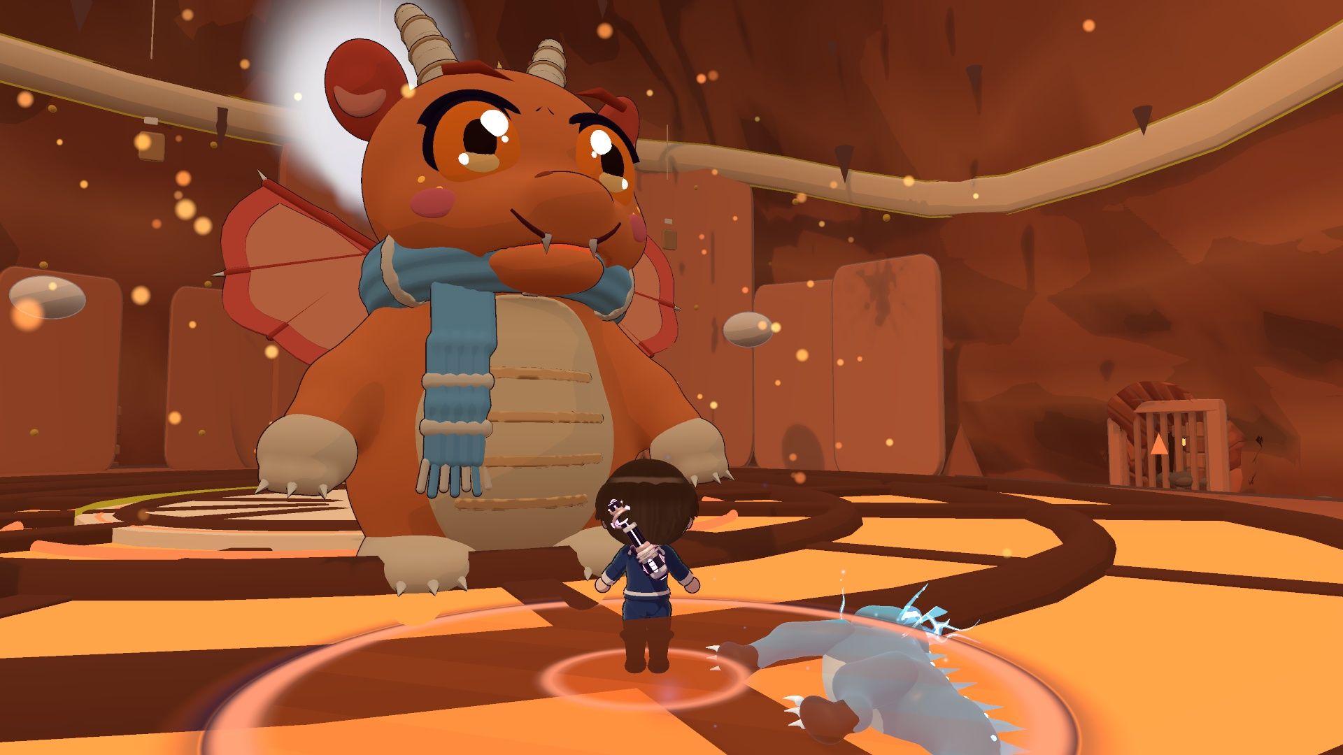 Cinderhug, a giant orange Warden in a blue scarf, towers over the player and their Kin in The Kettle Kiln