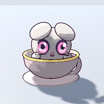 Teacupling, a pale pink Kin peeking out of a teacup