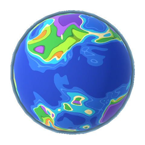 The planet Kinfield, blue and green with a glowing rim of atmosphere