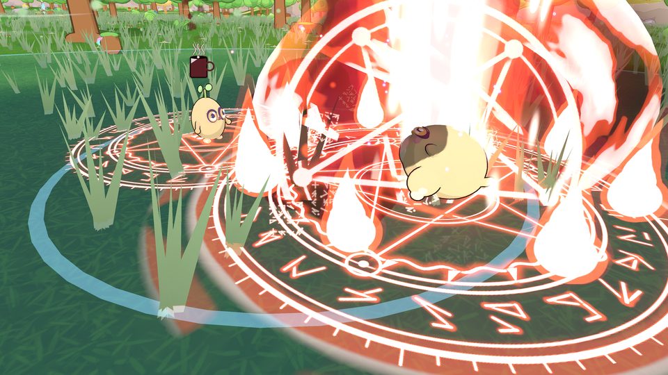 A red spell circle bursting into pillars of fire around a Kin
