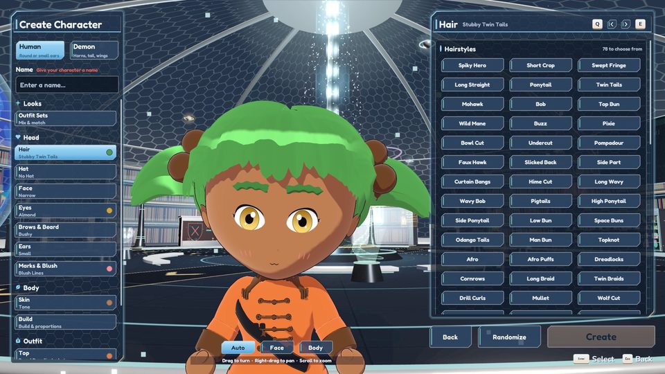 The character creator's hair page, a character with green hair in front of it
