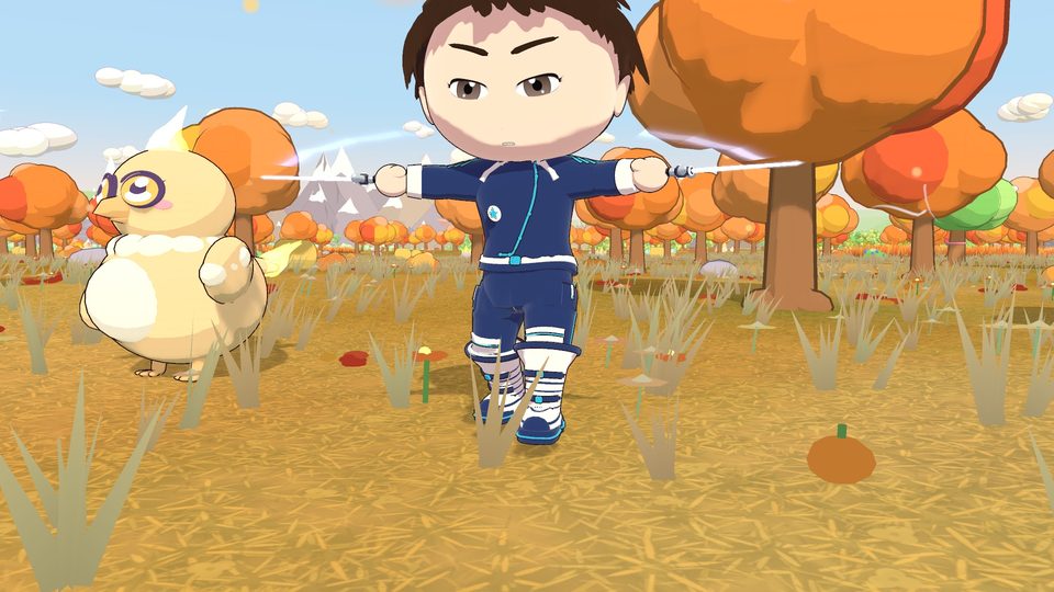 The player with dual daggers drawn beside their partner Kin in an autumn meadow