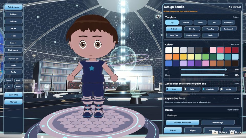The Design Studio: a colour palette and pattern tools beside the player in a starry outfit
