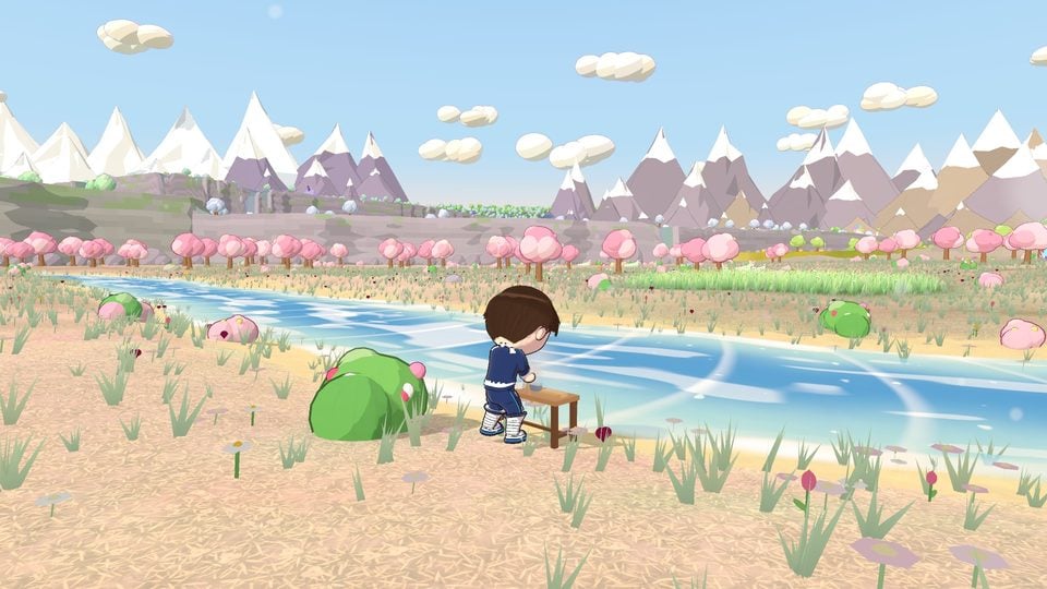 The player fishing at a river under blossoming trees