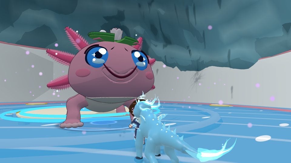 Sir Gillsworth, a giant pink axolotl Warden, rising from the water as the player and an ice Kin face it