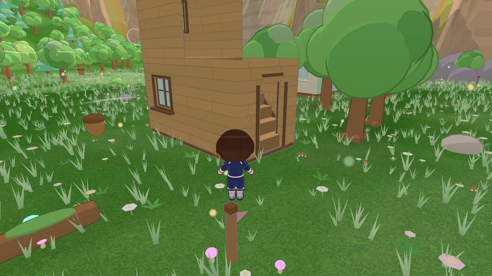 The player beside a wooden house built on its plot in a green meadow