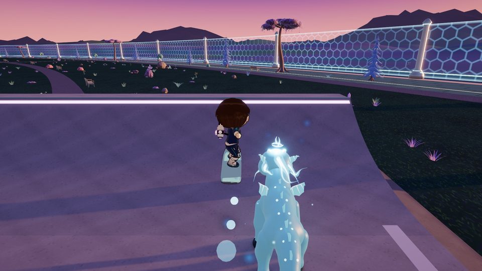 The player riding a hoverboard along a road at dusk with an ice Kin running beside them