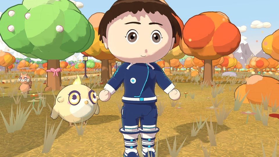 The player beside their partner Kin, a round yellow chick, among autumn trees