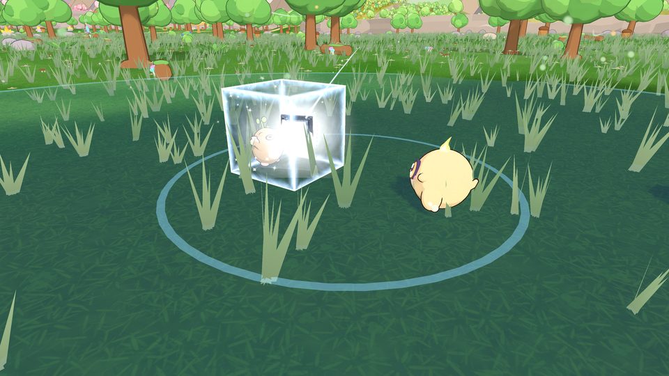 A glowing square Seal closing around a wild Kin in a ring of light on the grass